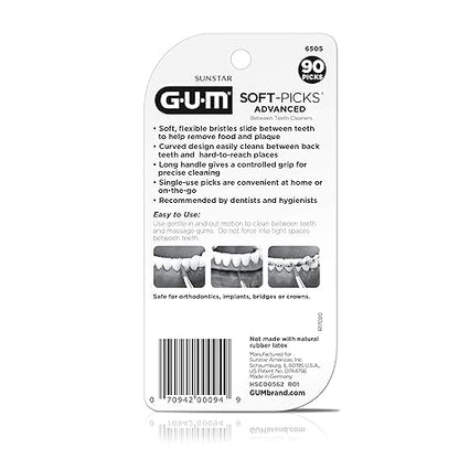 GUM Soft-Picks Advanced, Easy to Use Dental Picks for Teeth Cleaning and Gum Health, Disposable Interdental Brushes with Convenient Carry Case, Dentist Recommended Dental Picks, 90 Count (Pack of 3)