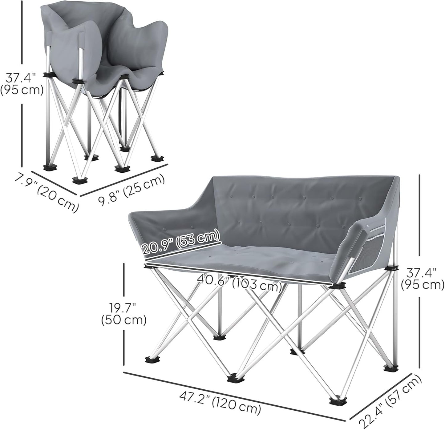 Outsunny Double Camping Chair, Oversized Camping Loveseat for Adults, Heavy Duty Folding Camp Chair with Side Pockets for Hiking, Picnic, Beach, Support 529 lbs, Grey