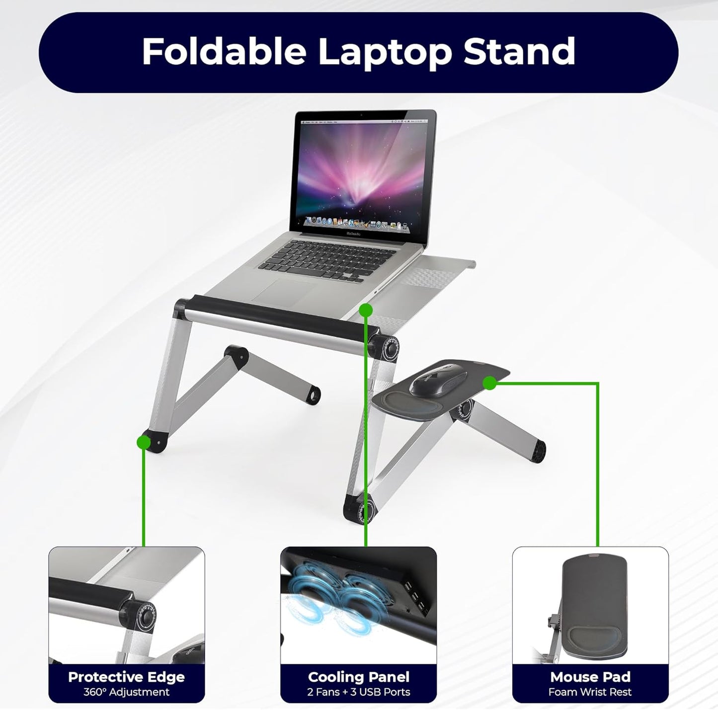 WorkEZ Cooling Adjustable Laptop Stand for Desk w/Fan USB Ports Mouse Pad Ergonomic Foldable Laptop Stand Portable Computer Stand Laptop Riser, Silver
