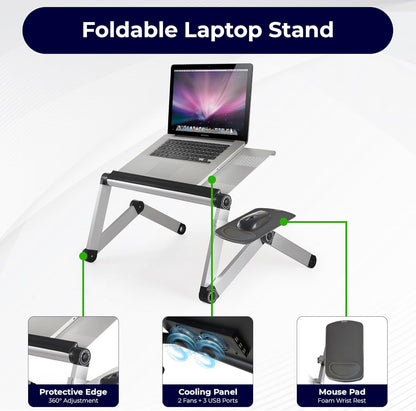 WorkEZ Cooling Adjustable Laptop Stand for Desk w/Fan USB Ports Mouse Pad Ergonomic Foldable Laptop Stand Portable Computer Stand Laptop Riser, Silver