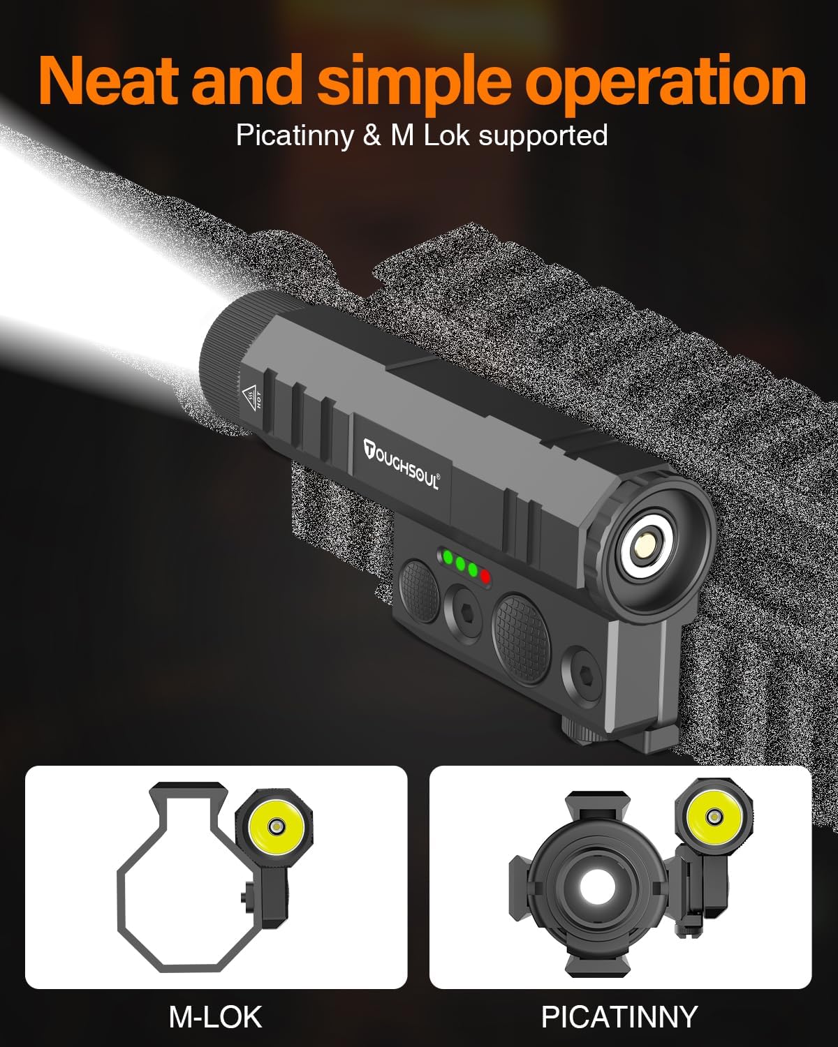 TOUGHSOUL Mlok Tactical Flashlight 2400 Lumen with Momentary Strobe Function, Mlok LED Light with Rechargeable Battery and Battery Level Indicator