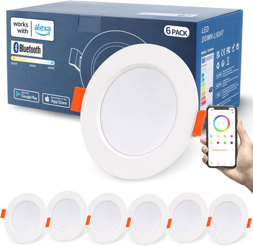 DUSKTEC Alexa Connected Recessed LED Spotlight, 220V LED Spotlight Extra Flat Dimmable White Adjustable 2700K-6000K 10W, Dimmable Bluetooth Recessed Spotlight, Bathroom Lighting - Pack of 6