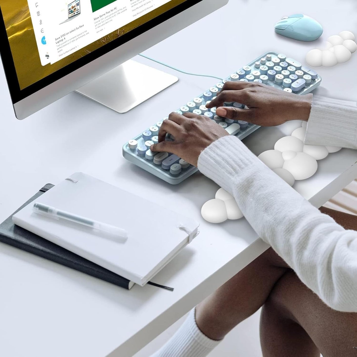 Ergonomic Keyboard Wrist Rest, PU Leather Memory Foam Cloud Wrist Rest for Computer Keyboard, Mouse Wrist Rest and Keyboard Pad for Gaming, Office, Home, Computer, Laptop, Typing Pain Relief, White
