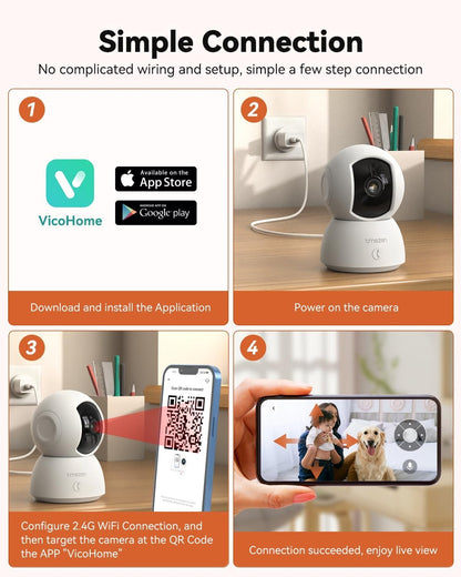 TMEZON Indoor Security Camera 2K,Pan/Tilt Wi-Fi Pet Camera with Vicohome App WiFi IP 3MP HD 360Â° Baby Monitor,One-Click Call Your Families,Detection & Notification, Night Vision