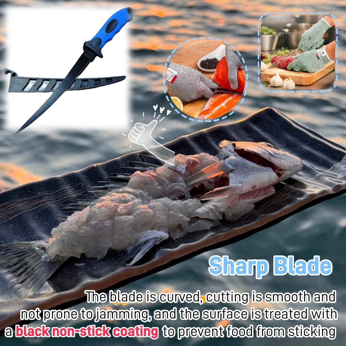7PCS Fishing Knife Set, Fish Cleaning Kit, Filet Knife for Fish, Fish Scale Cleaning Brush, Multi-Functional Scissors, Gloves, Fishbone Tweezers, Storage Bag,Fishing Accessories,Fishing Tool Kit, Blue