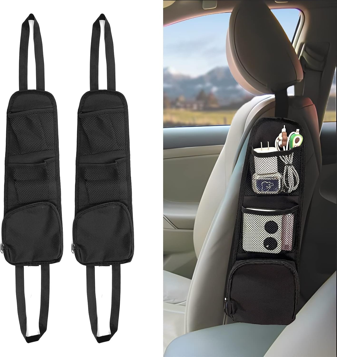 QUICTO 2PCS Car Seat Storage Hanging Bag, Multi-Pocket Side Organizer, Multifunctional Mesh Net Pocket, Can Hold Mobile Phone, Wallet, Glasses, Suitable for Cars, SUVs, Trucks Black