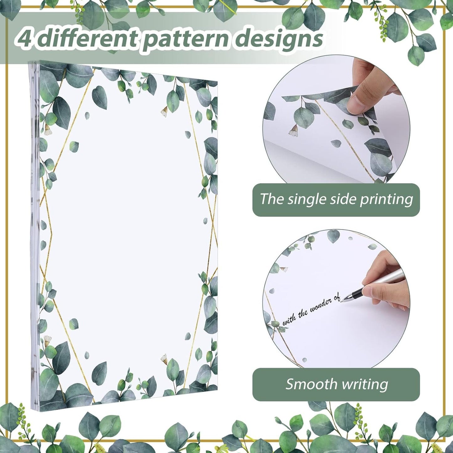Teling 48 Sheets Decorative Printer Paper Writing Scrapbook Wedding Program Paper 8.27 x 10.6 Inches Greenery Flower Border Writing for Drawing Office Thank Greeting Stationery Supplies(Eucalyptus)