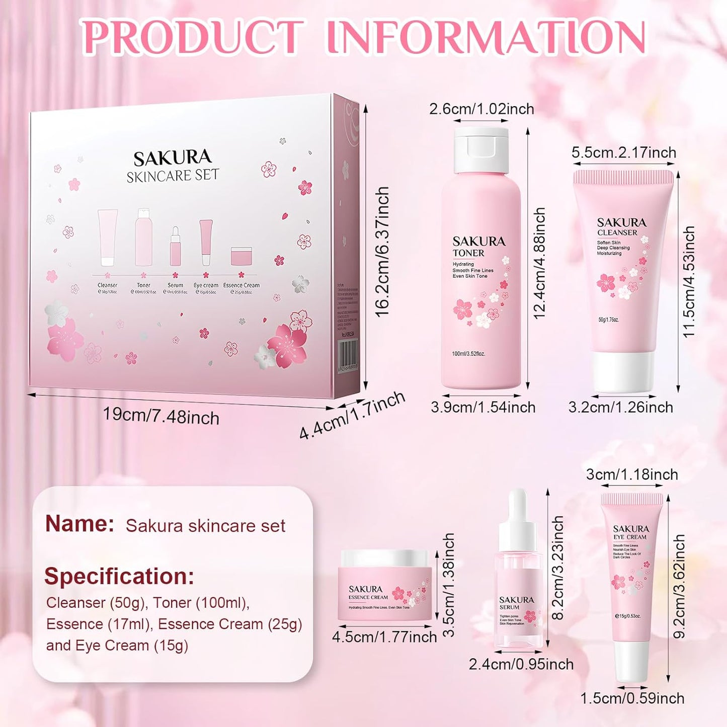 Miioto Full Face Skincare Set, Sakur Skincare Kit, Face Skincare Products, Skin Care Kit with Cleanser, Tonic, Face Cream, Serum and Eye Cream, Moisturizing and Anti-Aging, 5 Pieces (B)