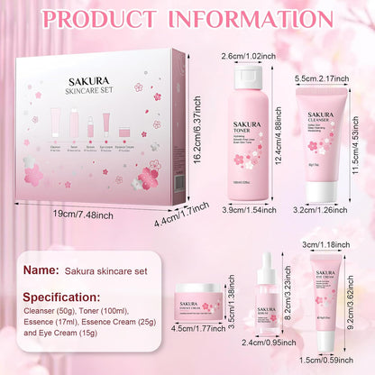 Miioto Full Face Skincare Set, Sakur Skincare Kit, Face Skincare Products, Skin Care Kit with Cleanser, Tonic, Face Cream, Serum and Eye Cream, Moisturizing and Anti-Aging, 5 Pieces (B)