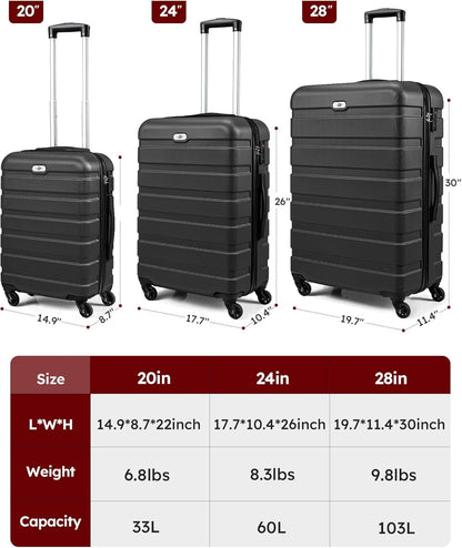Suitour Luggage Sets 3 Piece, Hardside Lightweight Suitcase Sets with Spinner Wheels,TSA Lock,20/24/28 inches Travel Luggage Black…