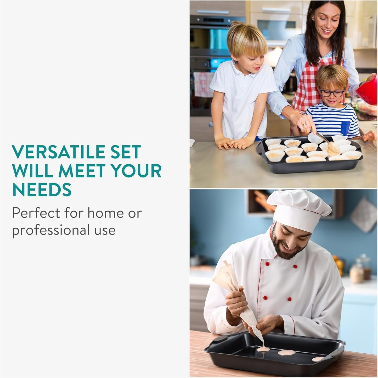 Navaris Non Stick Baking Trays, Set of 5 - Durable & Stackable Oven Baking Tray Kit - Bakeware Tins with Silicone Handles - Pans Ideal for Cake & Muffin Baking - Dishwasher Ready