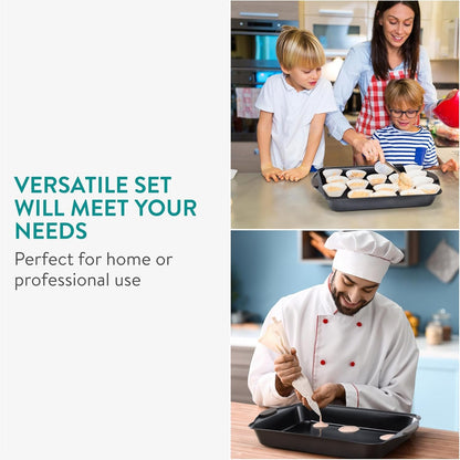 Navaris Non Stick Baking Trays, Set of 5 - Durable & Stackable Oven Baking Tray Kit - Bakeware Tins with Silicone Handles - Pans Ideal for Cake & Muffin Baking - Dishwasher Ready