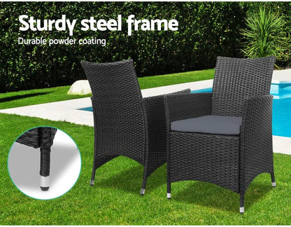 Gardeon 3pcs Wicker Patio Furniture, Bistro Set Table and Chairs Outdoor Lounge Setting Conversation Sets Dining Chair Garden Backyard, Cushion with Rattan Coffee Table Black Glass Tabletop