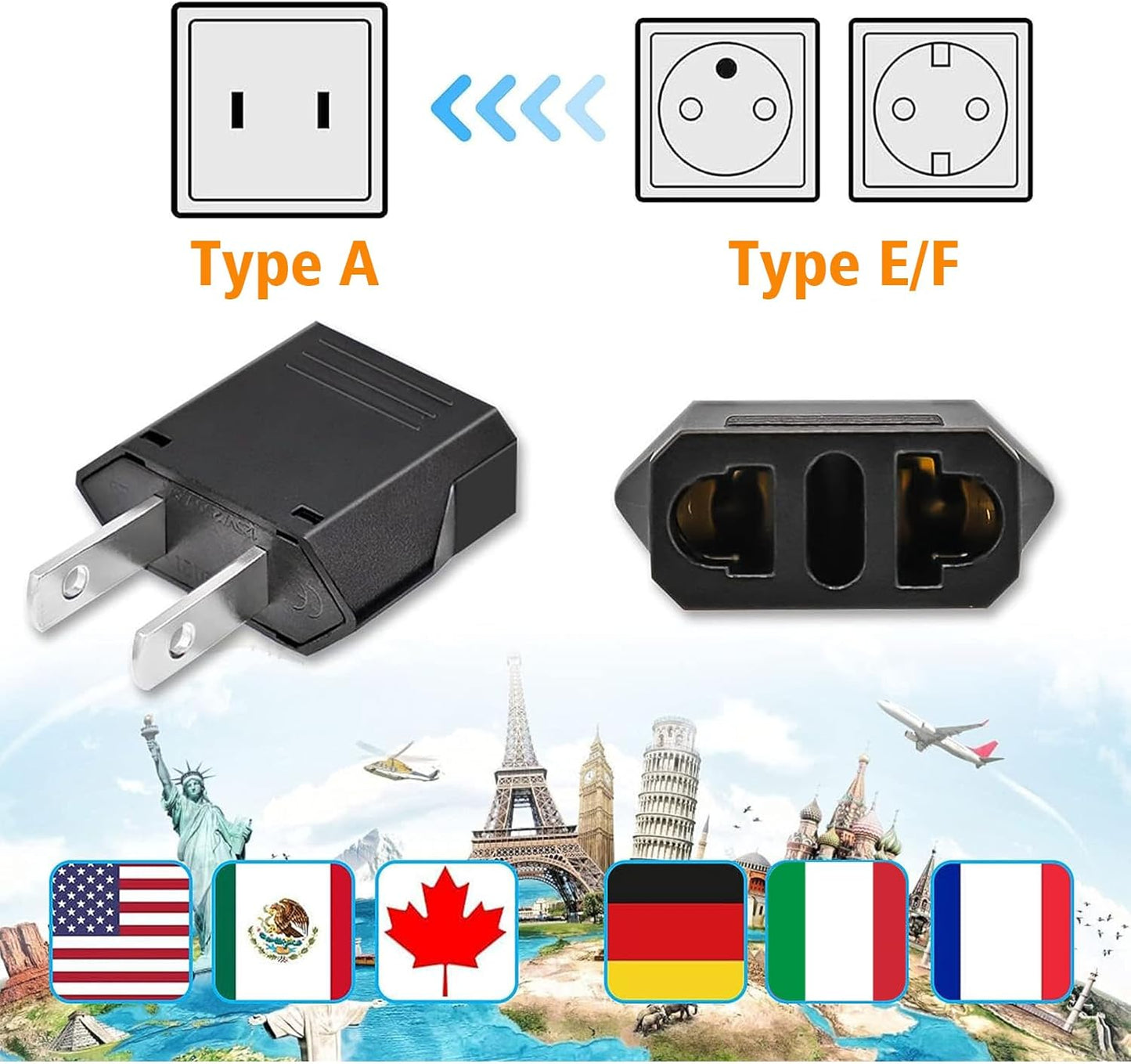 Clomnpe 4 Pieces Universal USA Italy Travel Adapter, Italian Plug to US Adapter, American Plug Adapter, USA Italy Adapter for Europe/USA/US/China/Japan/Canada/Mexico