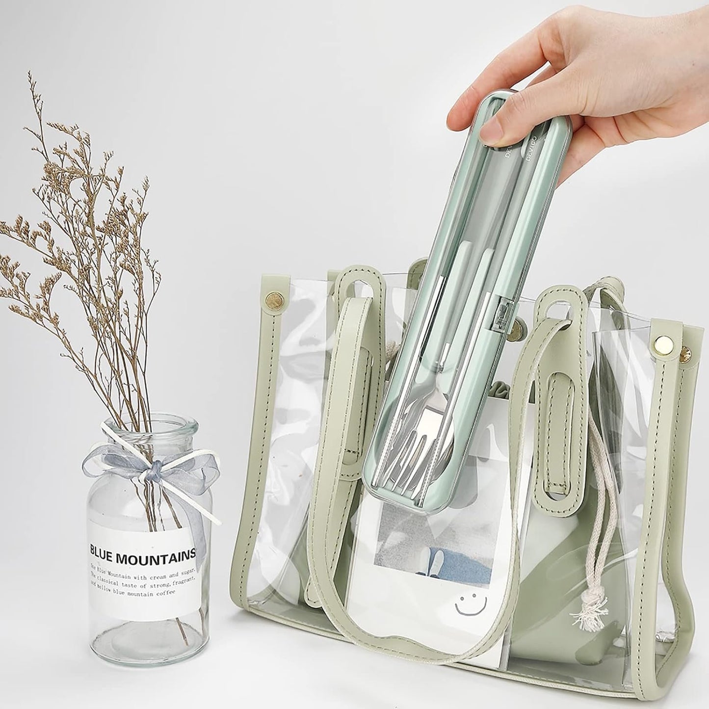 DEVICO Portable Utensils, Travel Reusable Silverware Flatware Set for Lunch, 18/8 Stainless Steel 4-Piece Camping Cutlery Include Fork Spoon Chopsticks with Case (Green-A)