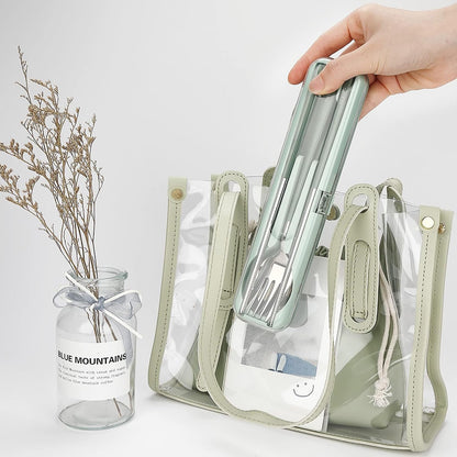 DEVICO Portable Utensils, Travel Reusable Silverware Flatware Set for Lunch, 18/8 Stainless Steel 4-Piece Camping Cutlery Include Fork Spoon Chopsticks with Case (Green-A)