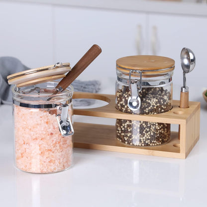 KKC HOME ACCENTS Airtight Borosilicate Glass Loose Tea & Coffee Beans Storage Containers with Bamboo Clamp Lids & Scoops - Glass Food Storage Jars for Nuts, Sugar, Matcha, Pantry Organization - 800 ML