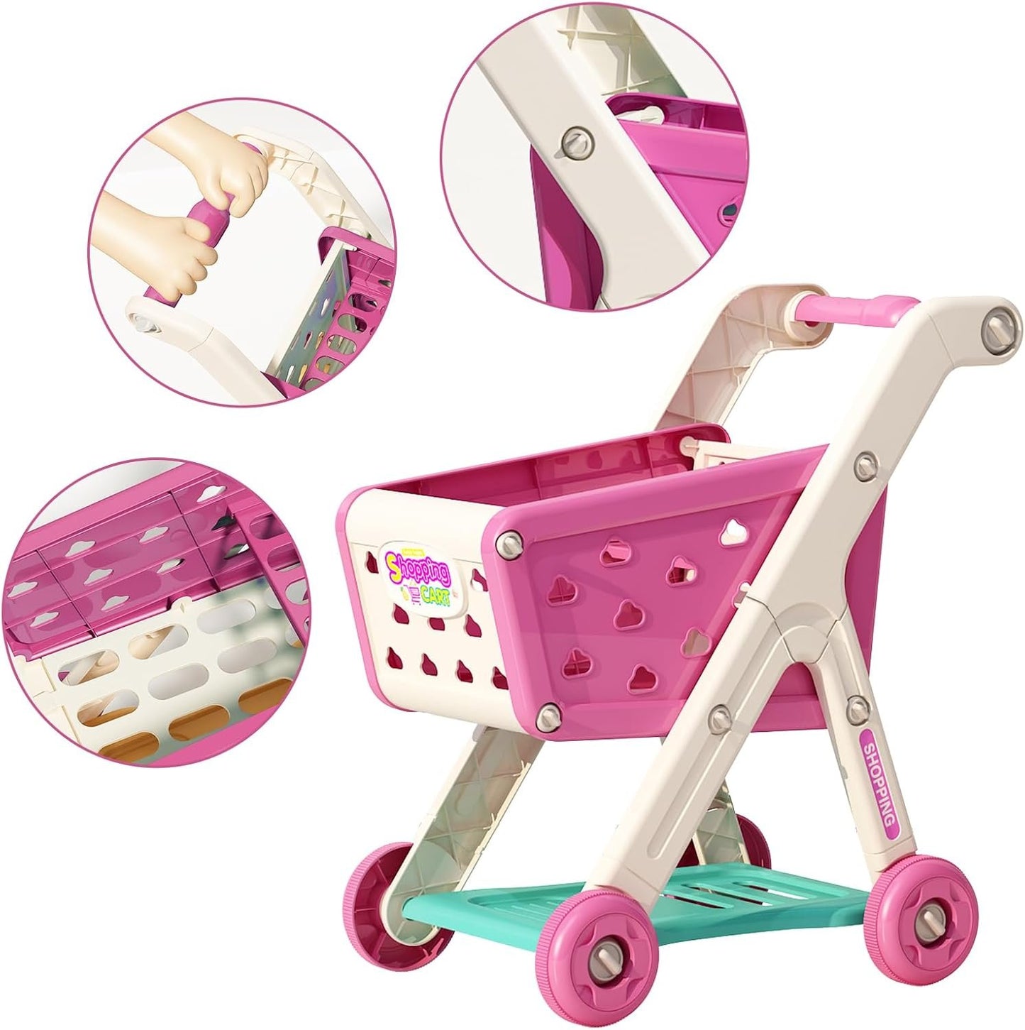 Jovow 98pcs Kids Shopping Cart Trolley Play Set with Pretend Food and Accessories,Perfect Pretend Play and Role-Playing Games ,Play Kitchen,Toy Kitchen,for 3 4 5 6 Year Old Girl Gifts (Rose Red)