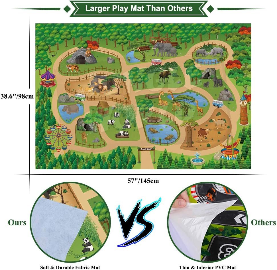 Mini Tudou 12 Pcs Safari Animals Figures Toys w/ 57x38.6’’ Large Activity Play Mat, Realistic Jumbo Jungle Wild Zoo Animals Figurines Playset w/ Elephant, Giraffe, Lion for Kids Toddlers Boys & Girls