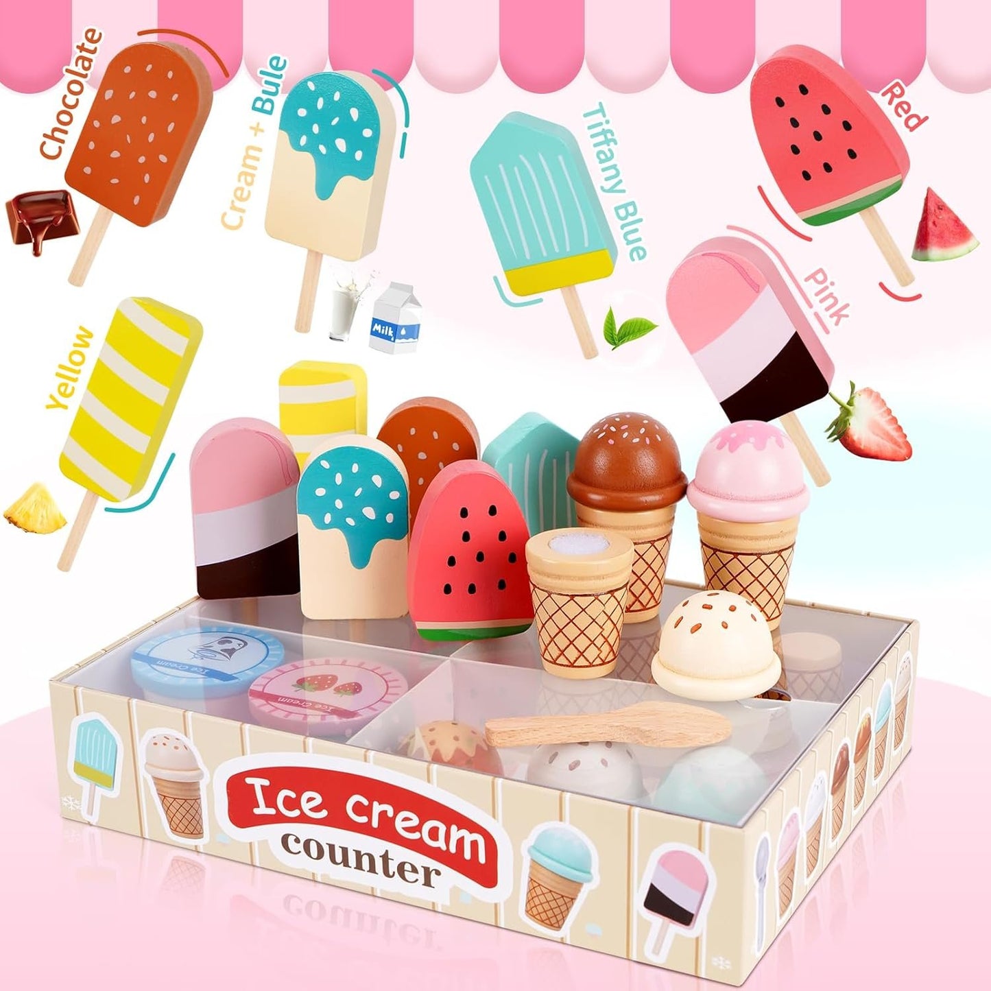 Wooden Ice Cream Toys for Toddlers 3-5, Kids Wooden Toys Play Kitchen Accessories, Play Food Sets for Kids Kitchen, Pretend Play Toys Gifts for 3 4 5 Year Old Girls Boys Birthday Christmas
