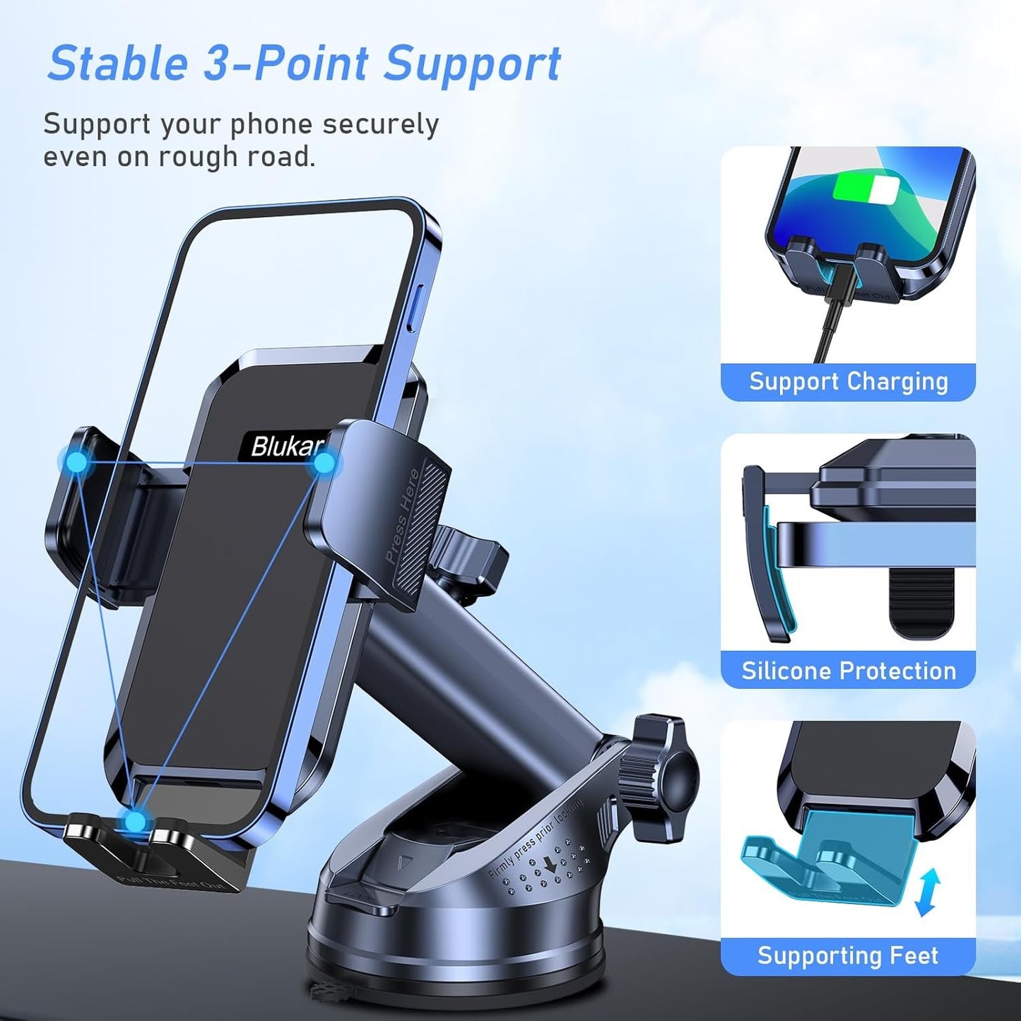 Blukar Phone Holder Car, [Upgraded Strong Suction] Adjustable Car Phone Holders Mount for Car Dashboard/Windscreen, 360°Rotation, One Button Release, Automobile Cradle for iPhone Android Smartphones