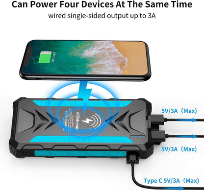 4XEM- 20,000 maH Mobile Solar Power Bank and Wireless Charger with LED Flashlight and USB Connections (Blue)