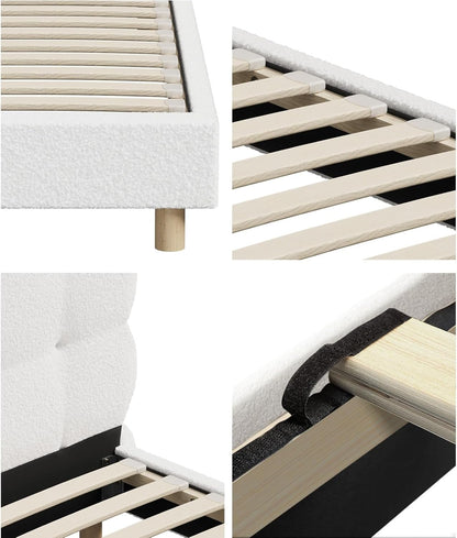 Oikiture Double Bed Frame Boucle Mattress Platform Bed Base White