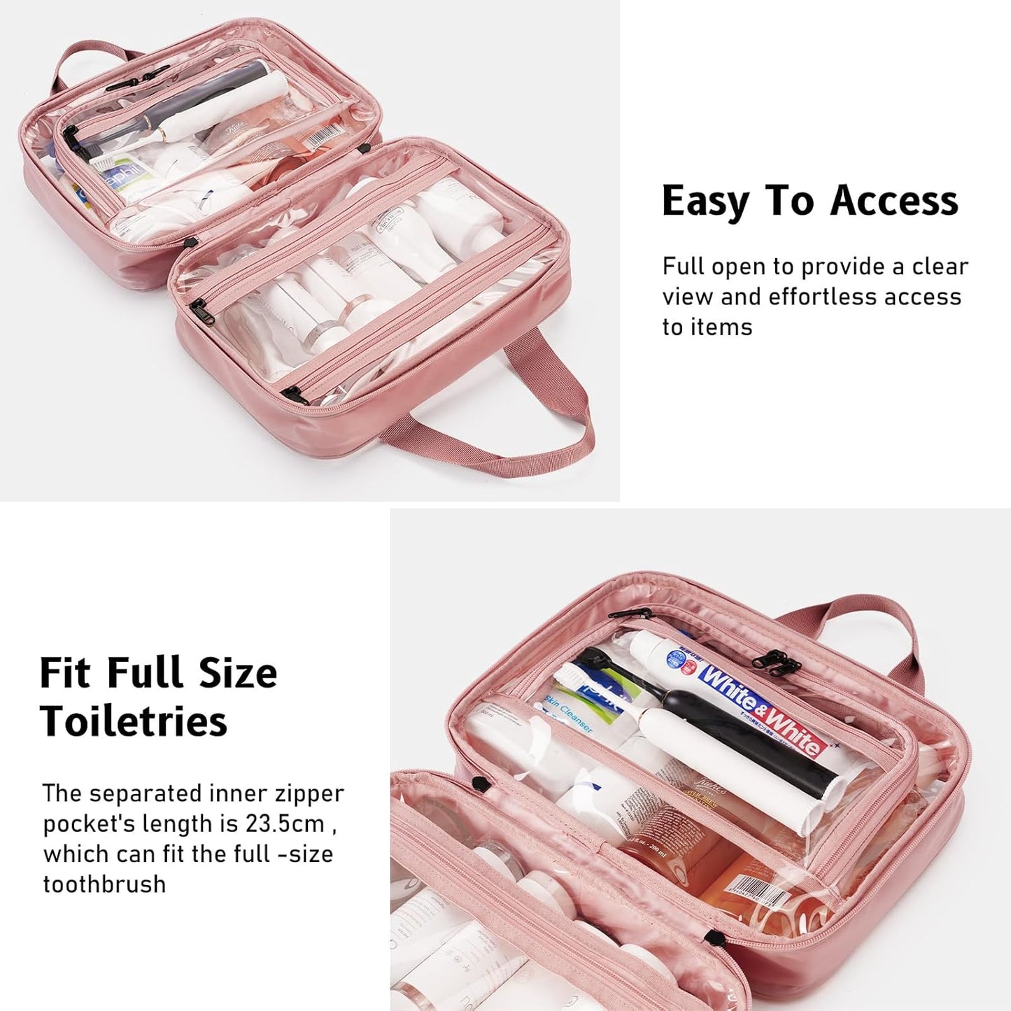 ECOHUB Clear Hanging Toiletry Bag, 9L Large Capacity Travel Makeup Bag, Waterproof Cosmetic Bag Fit Full Sized Toiletries or Cosmetics, Foldable Hygiene Bag for Makeup Accessories (Pink)