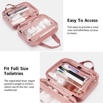 ECOHUB Clear Hanging Toiletry Bag, 9L Large Capacity Travel Makeup Bag, Waterproof Cosmetic Bag Fit Full Sized Toiletries or Cosmetics, Foldable Hygiene Bag for Makeup Accessories (Pink)