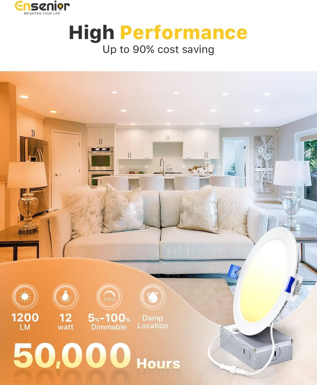 Ensenior 6Inch LED Recessed Slim Pot Light with Junction Box, 3000K/4000K/5000K Changeable, 12W 110W Eqv, Dimmable IC-Rated Ceiling Lighting, 1050LM High Brightness (4 Pack)