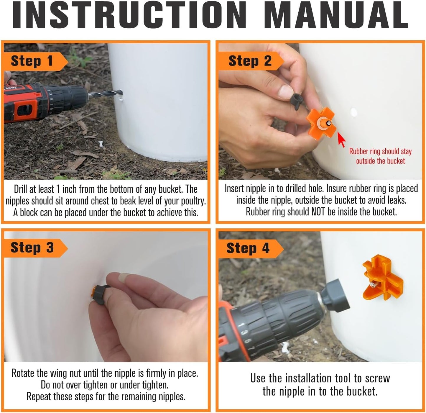 Whimsii Chicken Waterer Nipples, Pack of 15 (Orange), Horizontal Side Mount, Anti-Leak Automatic Water System for Poultry, Suitable for Chickens, Duck, Quail, Includes Drill Bit & Installation Tool