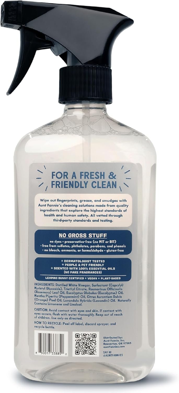 Aunt Fannie's Stainless Steel Spray Cleaner, Powered by Vinegar, Fingerprint and Residue Remover for Refrigerator, Dishwasher, Oven, Grill, Sink, Stovetop, and Other Appliances, Pack of 1
