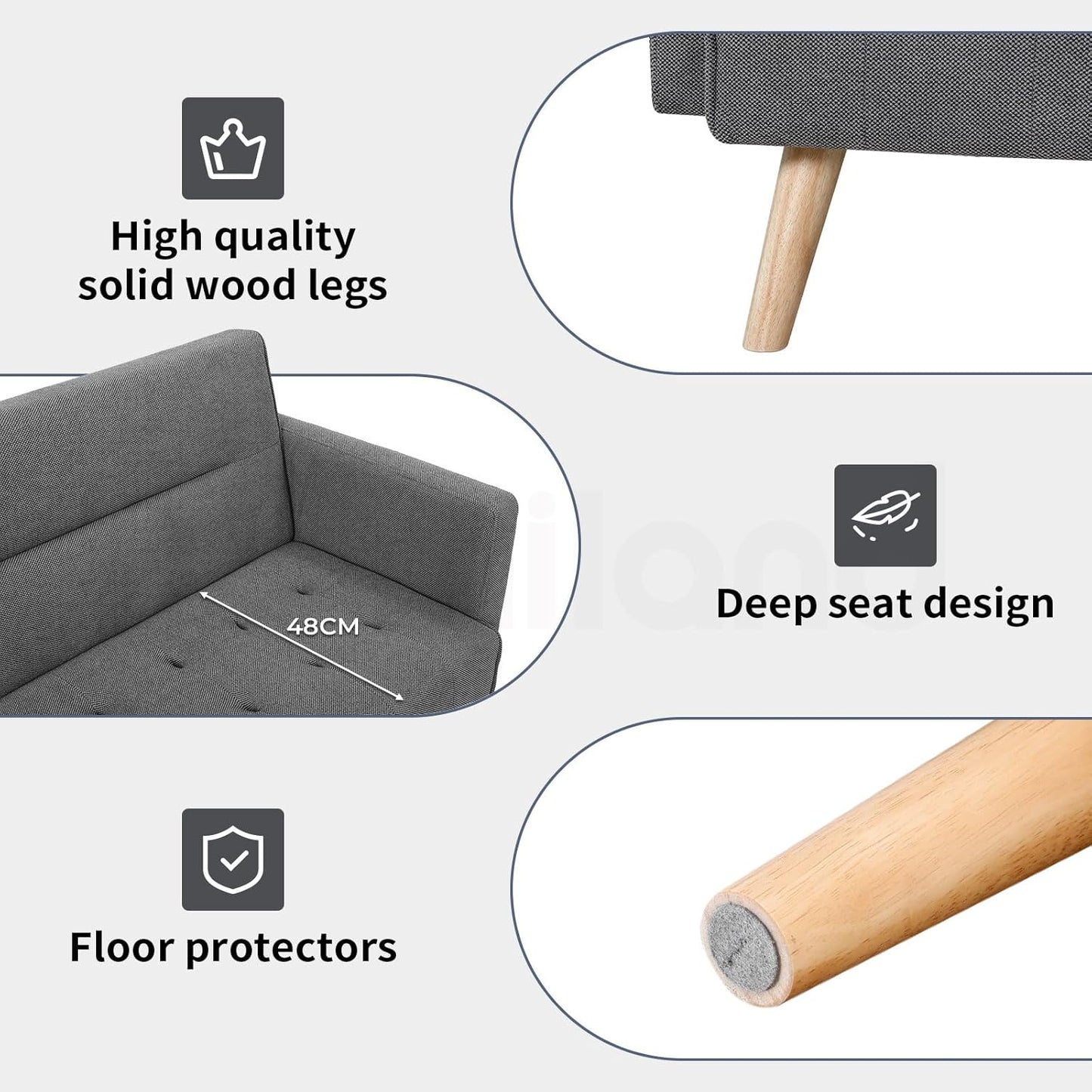 Familand 3 Seater Convertible Futon Sofa Bed, Linen Loveseat Sofa Couch, Recliner Sofa Lounge with 3 Adjustable Backrest, Comfy Couch for Small Spaces, Living Room, Bedroom,Load Up to 300kg,Grey