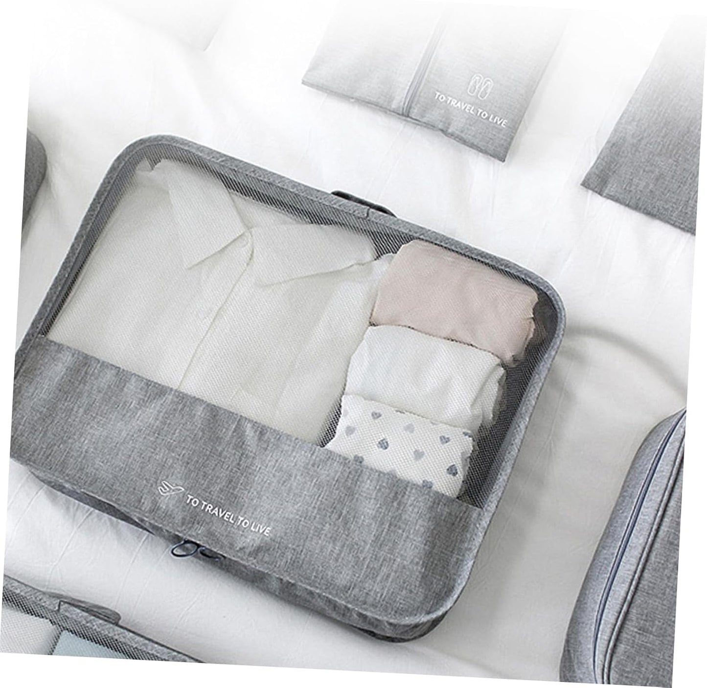 Holibanna 7Pcs Travel Packing Cubes Zipper Clothing Storage Pouches for Luggage Organization Travel Accessories for Clothes Shoes and Makeup Grey