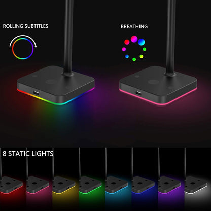 RGB Headphone Stand with USB Hub, KAFRI Desk Gaming Headset Holder Hanger Rack with 1 USB2.0 Extension Charging Port Cord - Suitable for Gamer Desktop Table Game Earphone Accessories