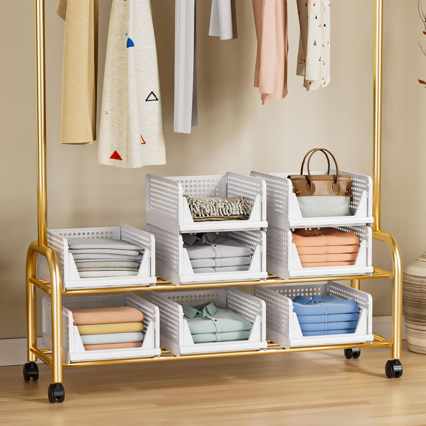 TidyIsles Wardrobe Storage Organiser - 4 Pack Folding Closet Organisers, Stackable Storage Boxes, Plastic Drawer Organiser Basket for Bedroom Kitchen Bathroom White