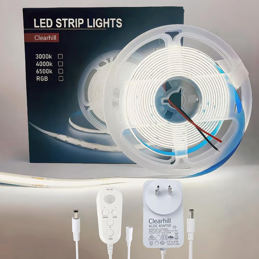 Clearhill 12V PIR Movement Sensor Dimmable Flexible LED Strip Lights,with 12V Power Adapter Included,16.4FT/5M,Natural White 4000K,8mm Width,320LEDs/M,Not Waterproof IP 20,for Closet Light Cabinet