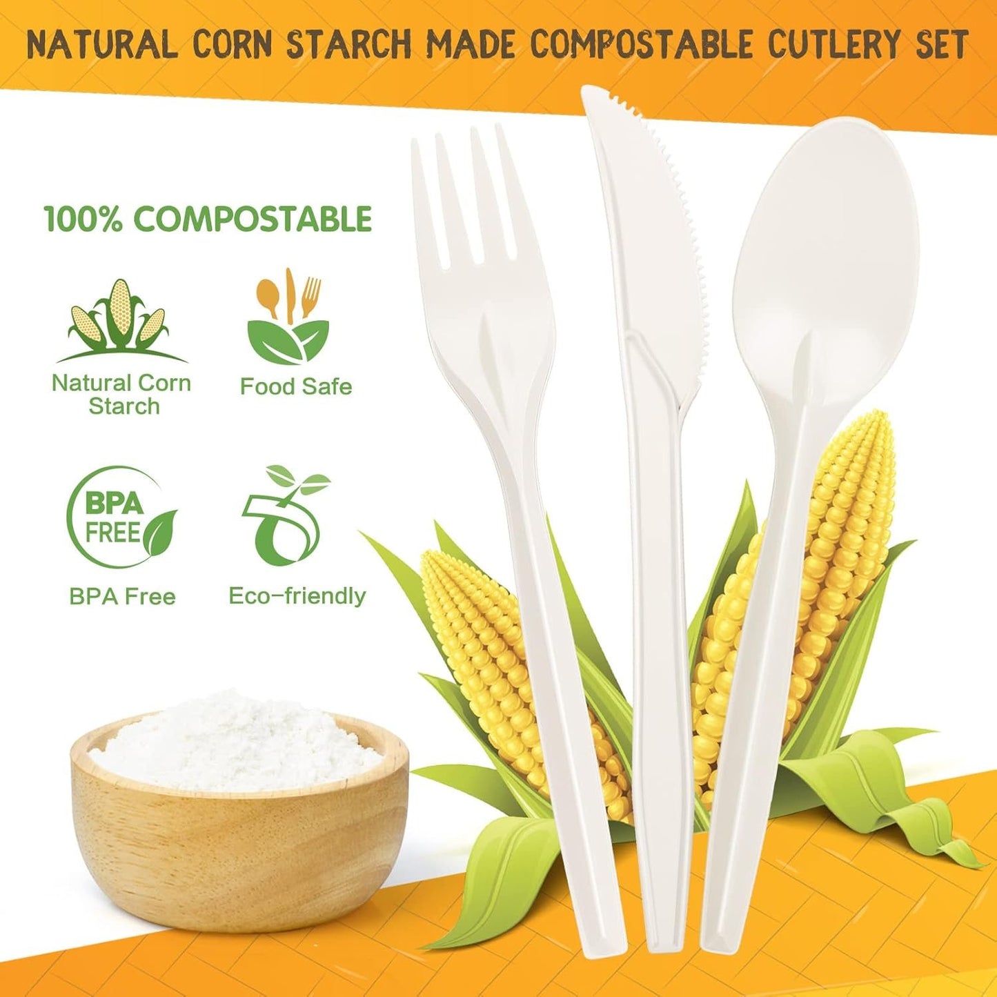 Gezond Compostable Cutlery Set 150pcs Disposable Forks Knives Spoons 7 Inch Biodegradable Utensils Set Heavy Duty Biodegradable Cutlery
