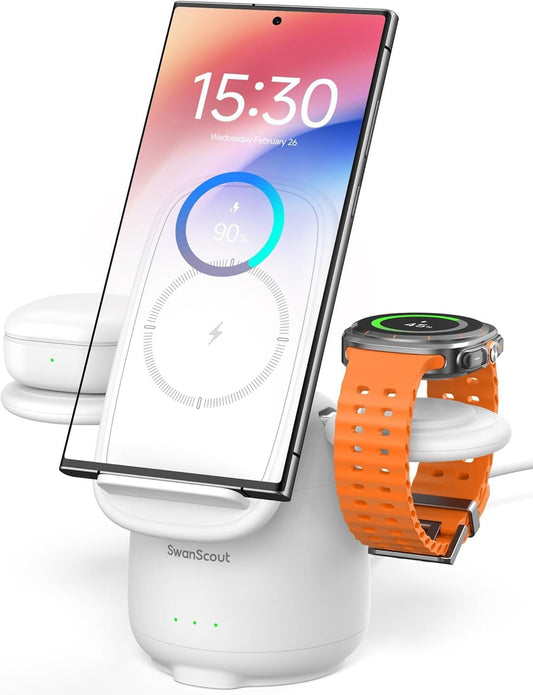SwanScout Wireless Charger for Samsung, 3 in 1 Charging Station for Samsung S24/S23/S22/Z Flip/Fold, Watch Charger for Galaxy Watch 7/Ultra/6/5, Galaxy Buds 3/Pro, SwanScout 707S (No Adapter)