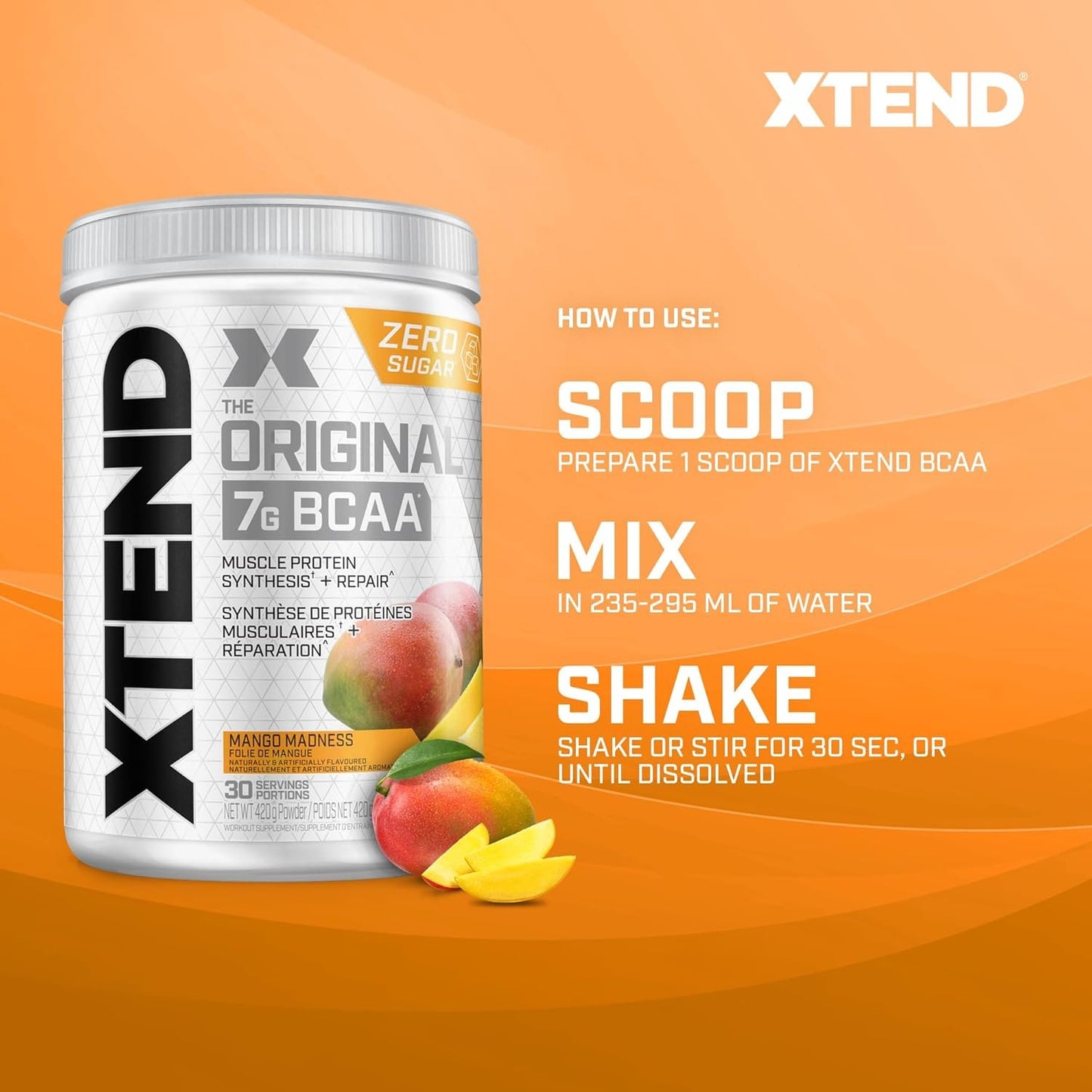 Scivation XTEND Original BCAA Powder | Sugar Free Post Workout Muscle Recovery Drink with Amino Acids | 7g BCAAs for Men & Women | 30 Servings, Mango Madness - 420g