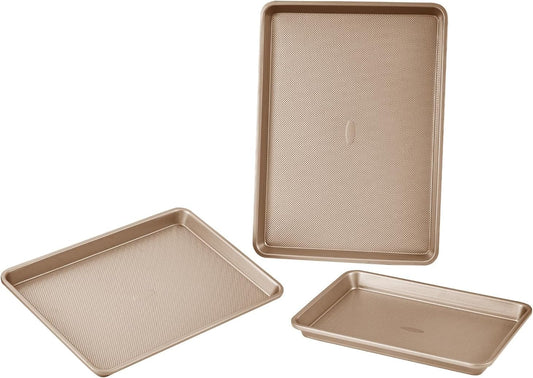 VEVOR Baking Pans Set, 3-Piece, Nonstick Carbon Steel Cookware Sheets & Trays, Stackable Kitchen Oven Bakeware Cooking Sets with Silicone Handles, Easy to Clean, for Baking Cookie Cake Muffin Bread