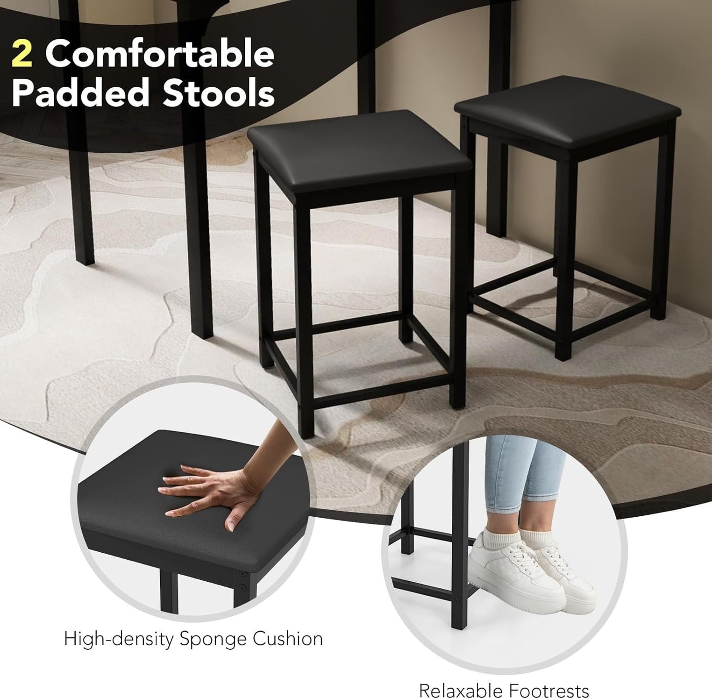 COSTWAY Small Dining Table for 2, Space Saving Dinette Set w/Counter Height Table & 2 Upholstered Bar Stools, Breakfast Nook Table Set, 3-Piece Kitchen Table Chairs Set for 2 for Dorm (Mixed Black)
