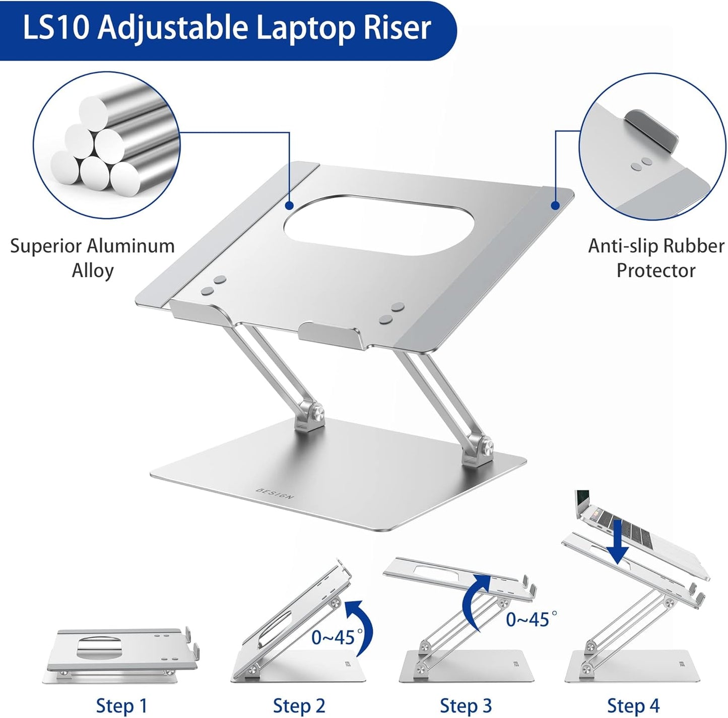 BESIGN LS10 Aluminum Laptop Stand, Ergonomic Adjustable Notebook Stand, Riser Holder Computer Stand Compatible with Air, Pro, Dell, HP, Lenovo More 10-14" Laptops, Silver