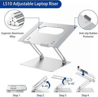 BESIGN LS10 Aluminum Laptop Stand, Ergonomic Adjustable Notebook Stand, Riser Holder Computer Stand Compatible with Air, Pro, Dell, HP, Lenovo More 10-14" Laptops, Silver