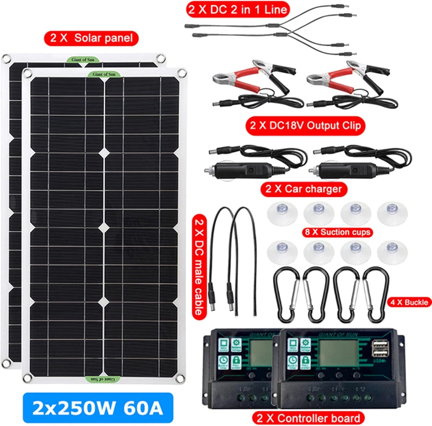 2Pcs 250W/500W Solar Panel Kit 12V USB with 100A Controller Flexible Monocrystalline Solar Power System Charger for Car RV Boat Battery Charger