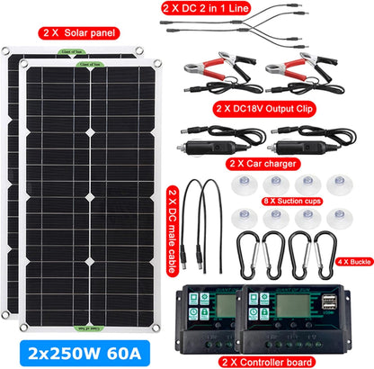 2Pcs 250W/500W Solar Panel Kit 12V USB with 100A Controller Flexible Monocrystalline Solar Power System Charger for Car RV Boat Battery Charger