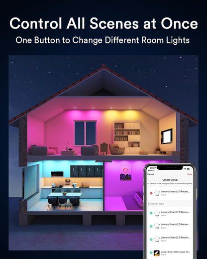 Lumary 6 Inch Smart WiFi Recessed Lighting, RGBWW Canless LED Wafer Downlight, 13W 1000Lm Color Changing, Ultra-Thin w/Anti-Glare Baffle, Compatible with Alexa/Google/Remote-Included, 4PCS