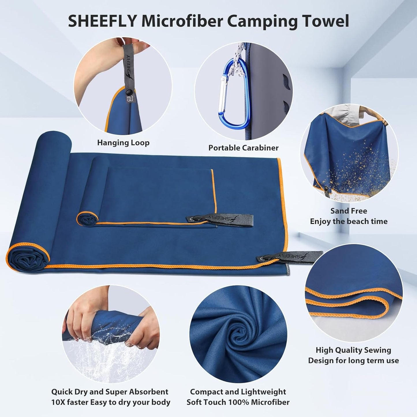SHEEFLY Microfiber Camping Towel,Quick Dry Towel for Camping,Super Absorbent Ultra Soft Compact Lightweight Travel Towel Fast Dry Large Microfiber Towels for Body,Backpack,Fitness,Beach,Gym,Sport