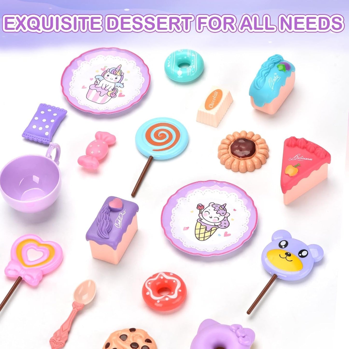 Astraio Unicorn Tea Party Set, 44PCS Pretend Plastic Teapot Set with Dessert, Carrying Case for Little Girls Age 3-12