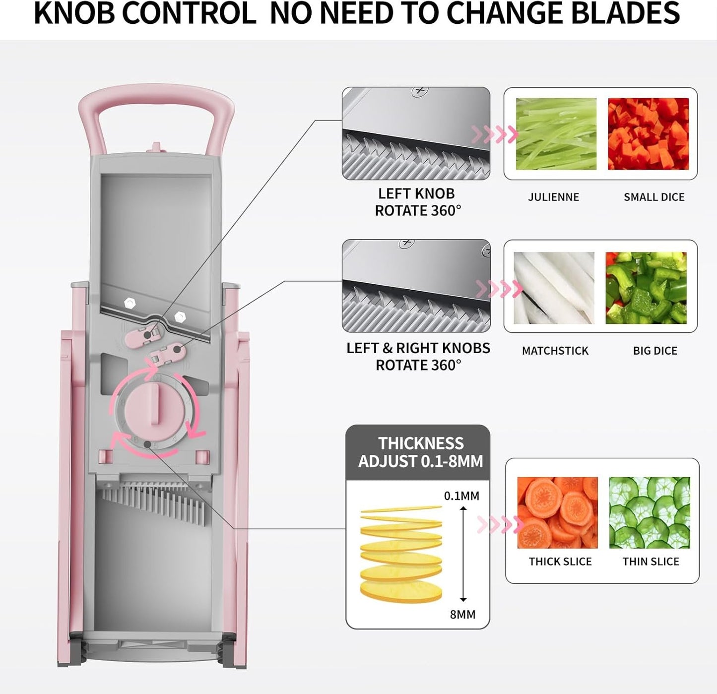Safe Mandoline Food Slicer for Kitchen, Multifunctional Vegetable Chopper, Mandoline Potato Slicer with 35+ Presets & Thickness Adjuster, French Fry Cutter, Veggie Dicer for Meal Prep Pink